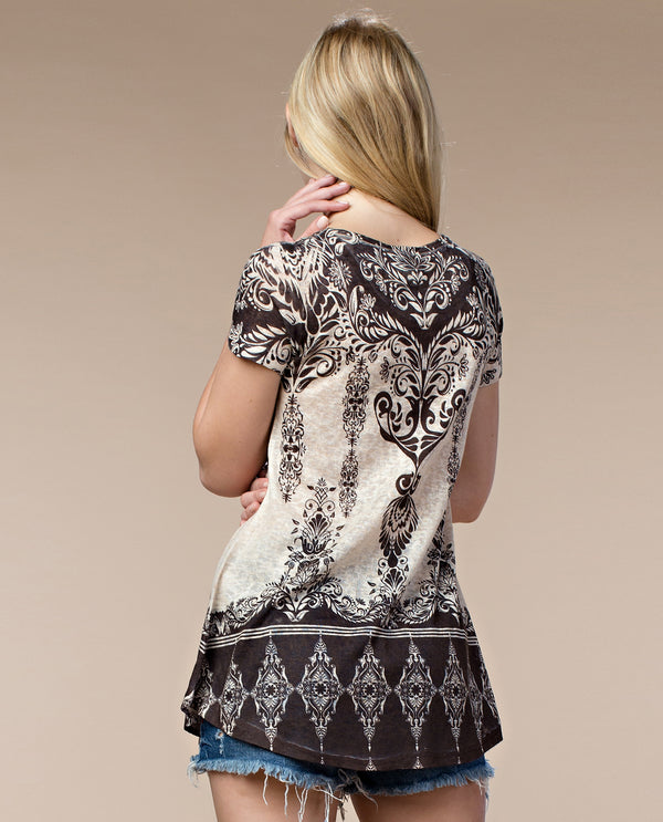 VOCAL 12901S SHORT SLEEVE TOP WITH PRINT AND STONES TAUPE
