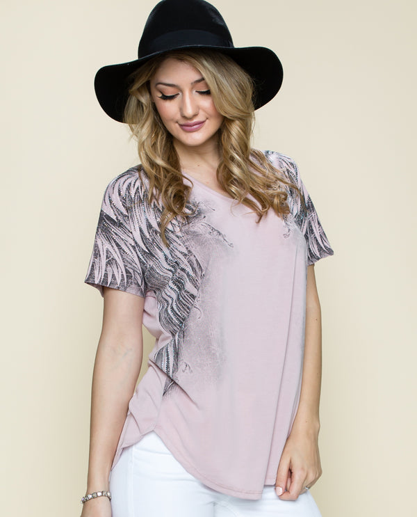 VOCAL 16036S V NECK SHORT SLEEVE PRINT WITH STONE PINK