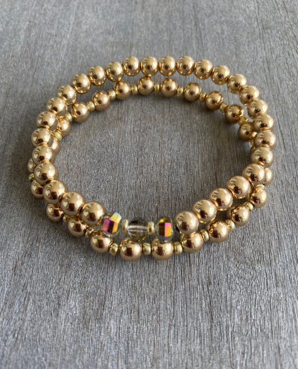 2 piece Stack Stretch GOLD BEAD & STONE Bracelet DUO GOLD