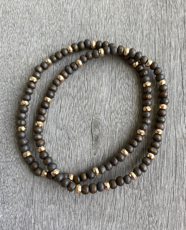 2 pc Stack Stretch Gold & Wood beaded Bracelet BROWN