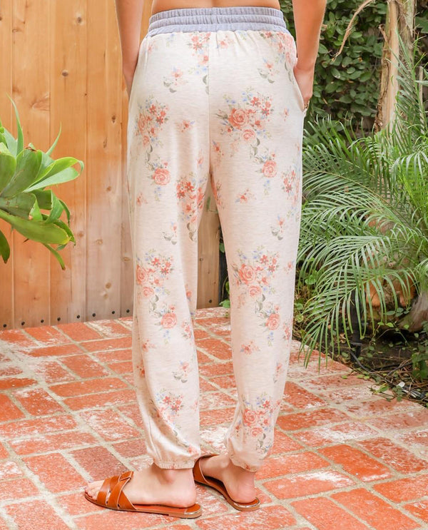 HEM & THREAD 30242 FLORAL FRENCH TERRY JOGGER TAUPE/RUST