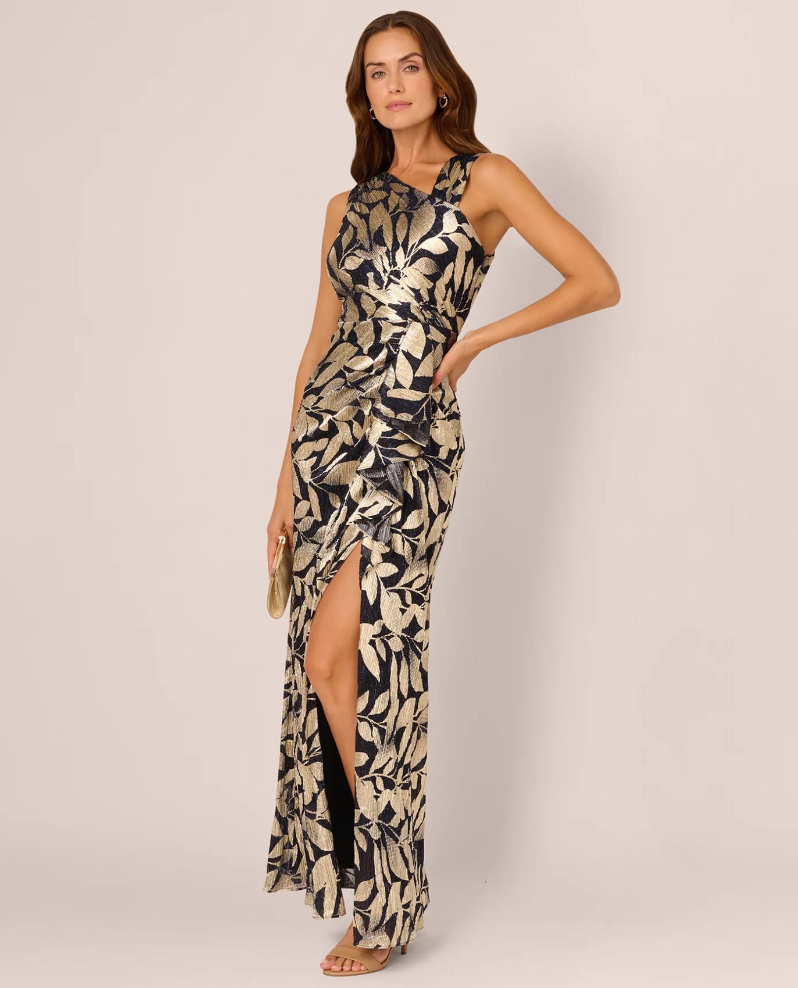 ADRIANNA PAPELL AP1E211044 ASYMMETRIC FOIL GOWN