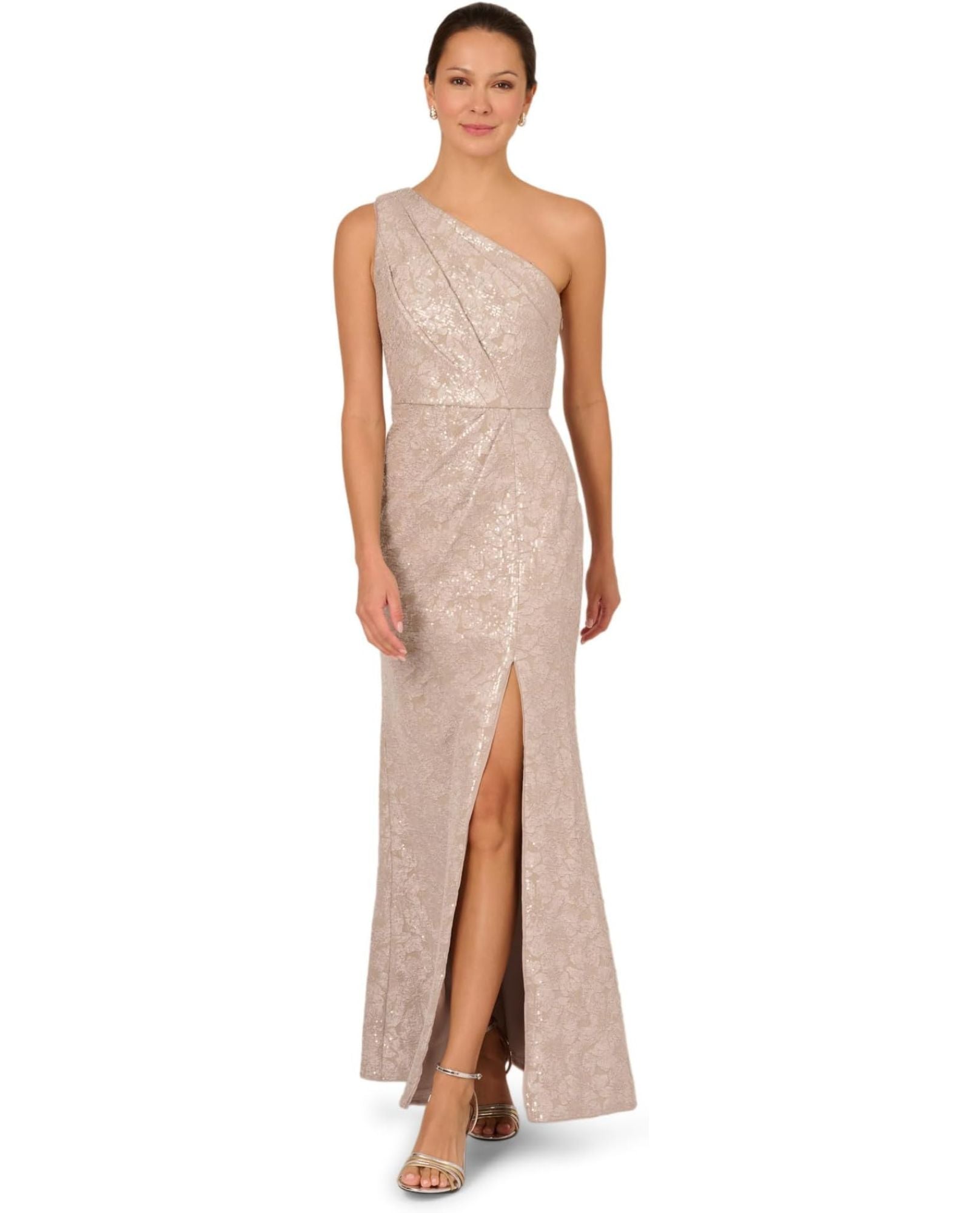ADRIANNA PAPELL SEQUIN JACQUARD ONE SHOULDER DRESS WITH SLIT