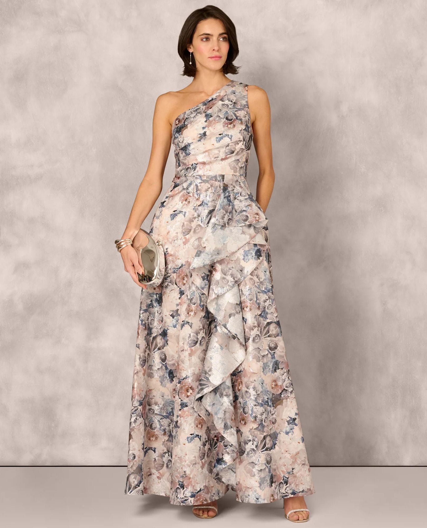 aidan mattox evening dresses MD1E209791 ONE SHOULDER JACQUARD PRINT GOWN Fashion Show Trendy Evening Women's Size:7 Aidan Mattox gown in LS Button Up