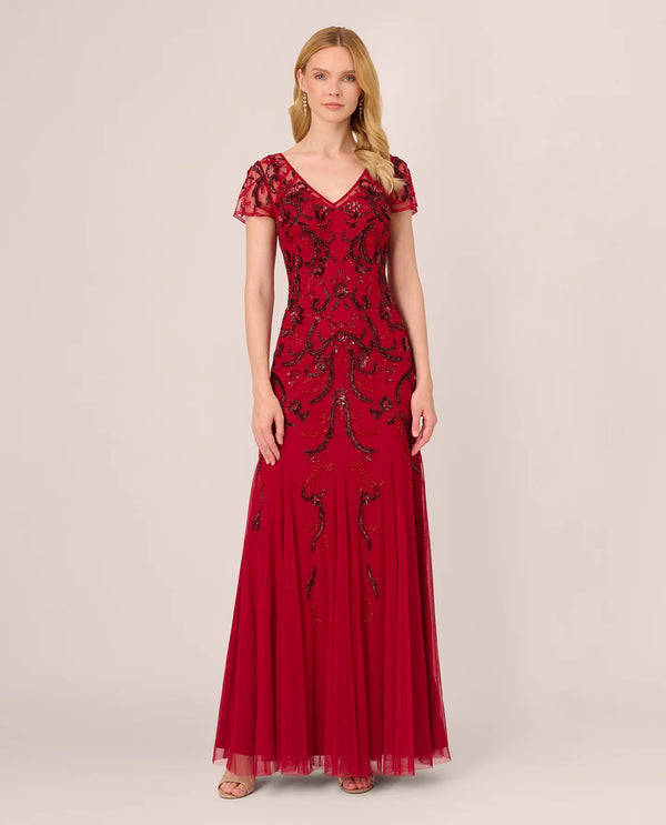 ADRIANNA PAPELL AP1E210813 BEADED MESH GOWN CRANBERRY