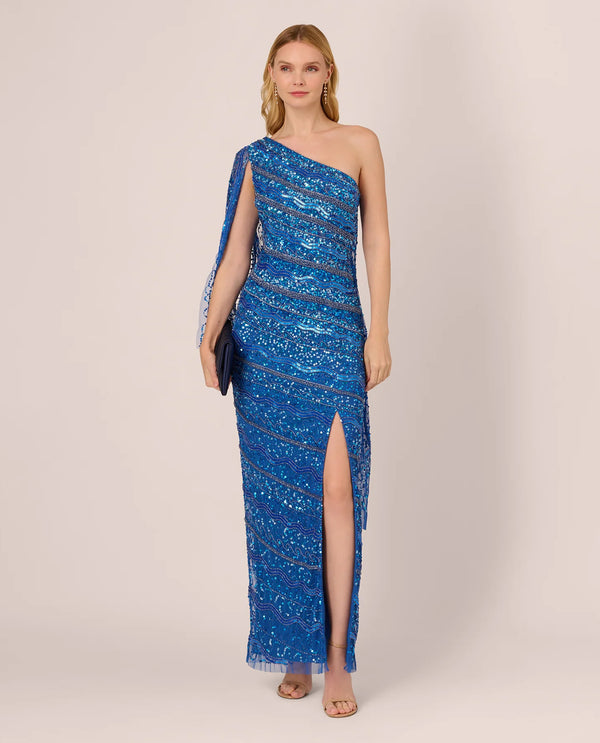 ADRIANNA PAPELL AP1E210904 ONE SHOULDER BEADED GOWN BLUE HORIZON