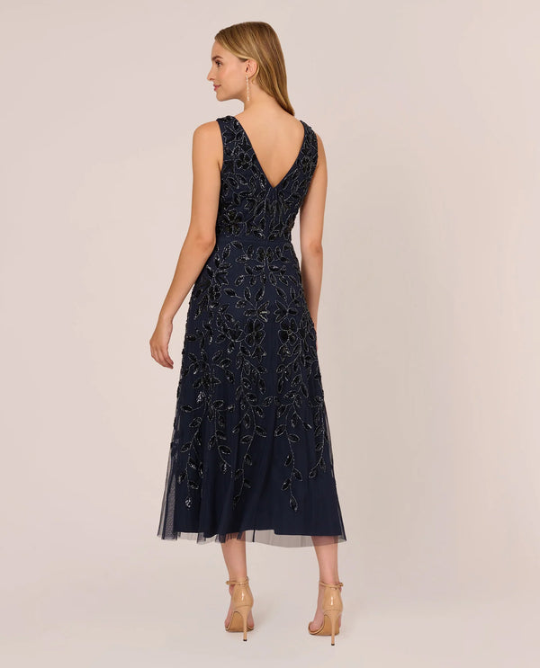 ADRIANNA PAPELL AP1E211056 ANKLE LENGTH BEADED GOWN NAVY