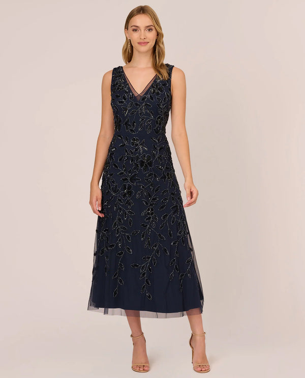 ADRIANNA PAPELL AP1E211056 ANKLE LENGTH BEADED GOWN NAVY