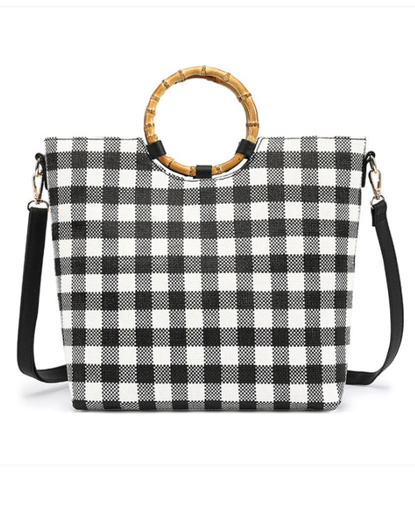 BAMBOO RING HANDLE TOTE 21568 BLACK & WHITE