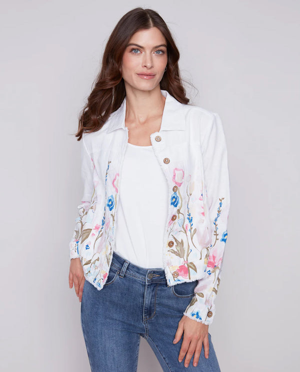 CHARLIE B C6199PP PRINT LINEN JACKET WITH FRAYED EDGES PASTEL
