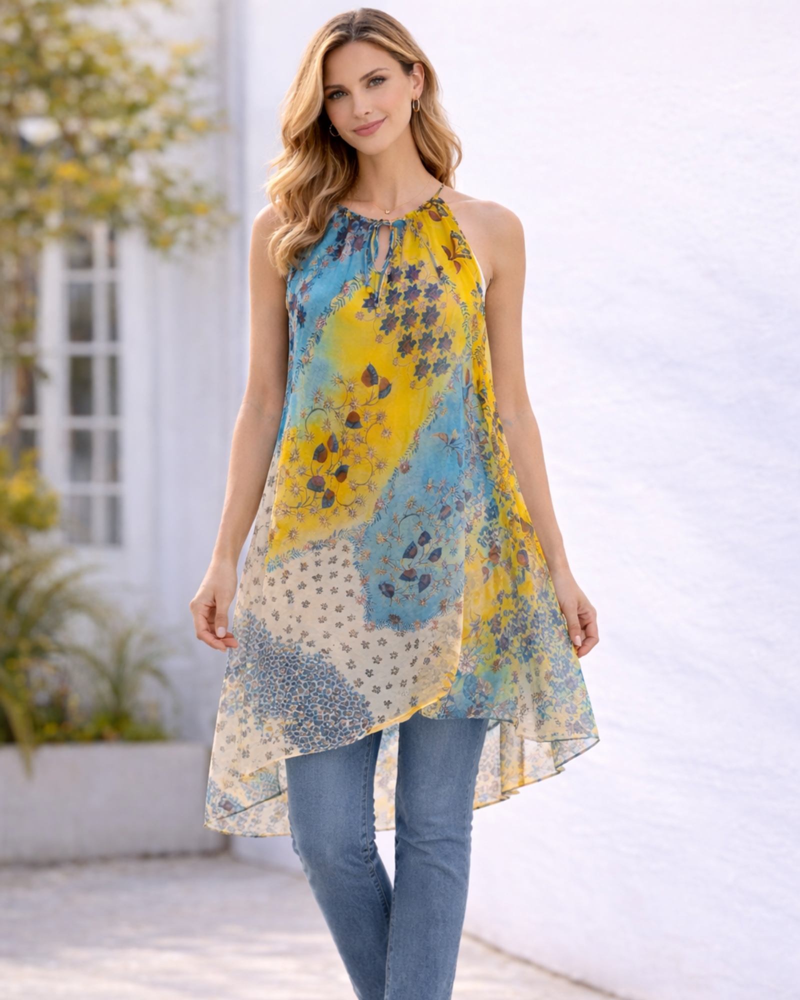 handkerchief hem dress ECHO EB0158 FLORA elevated crepe material DRESSES:Sheath Wood:Rustic Quartersawn Oak Slate Blue Stretch Fresco