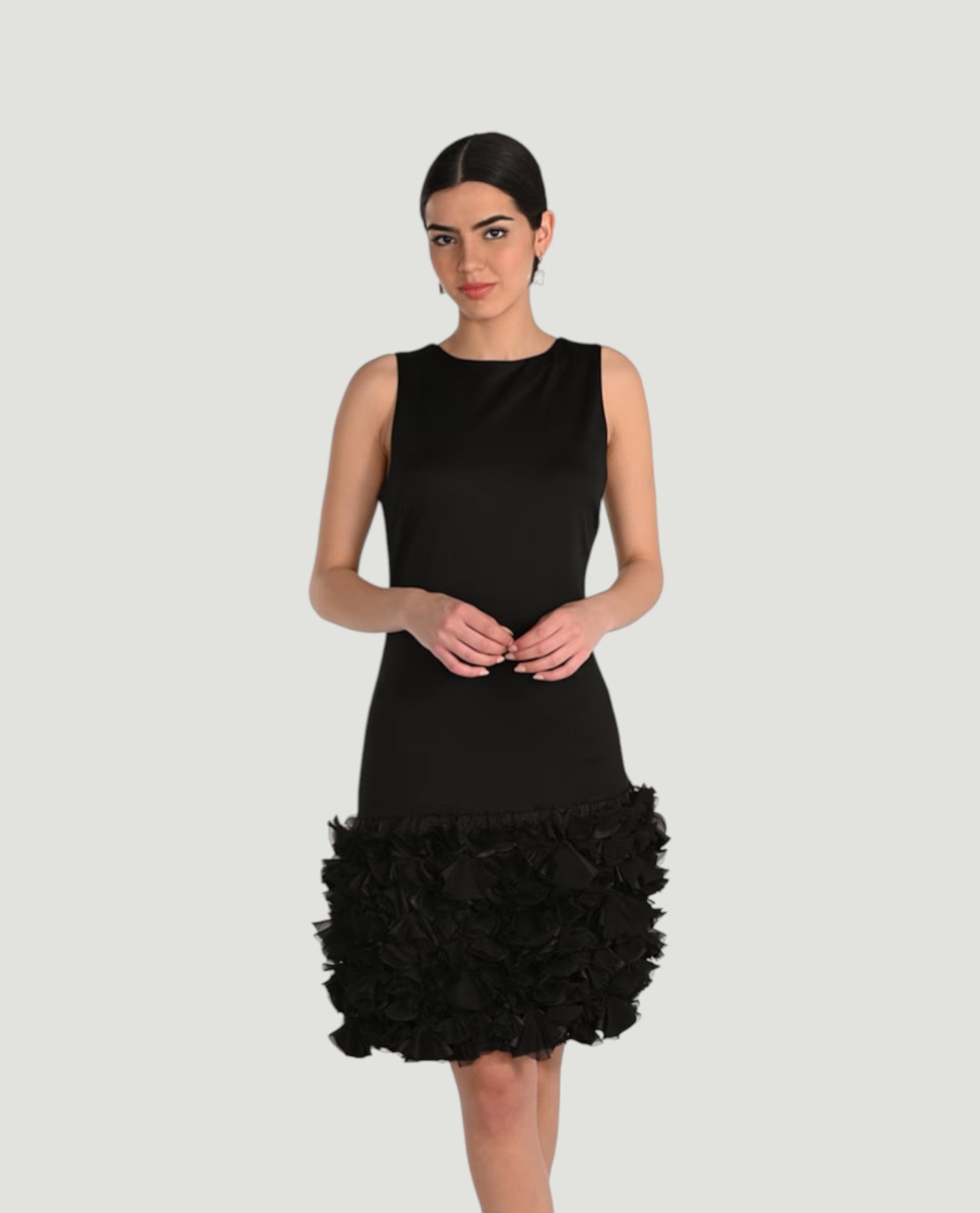 frank lyman cocktail dresses 268518 SHORT RUFFLED SHEATH DRESS US Size:26w Diana Cross Halter Mini Made in Canada Introducing Color:AA312