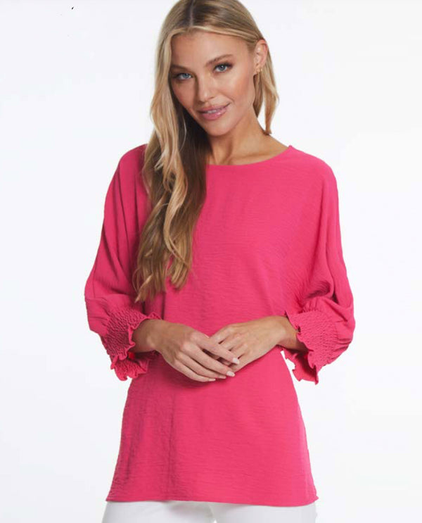 MULTIPLES M24509TM SHIRRED SLEEVE FAUX BUTTON BACK TOP BRIGHT PINK