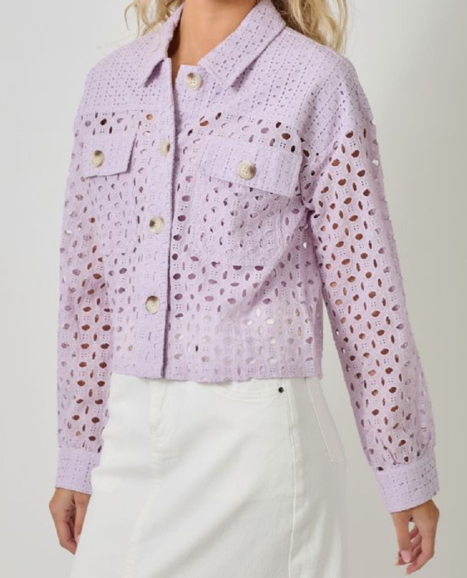 MYSTREE EYELET BUTTON DOWN JACKET | Ladies Lavender Spring Jacket