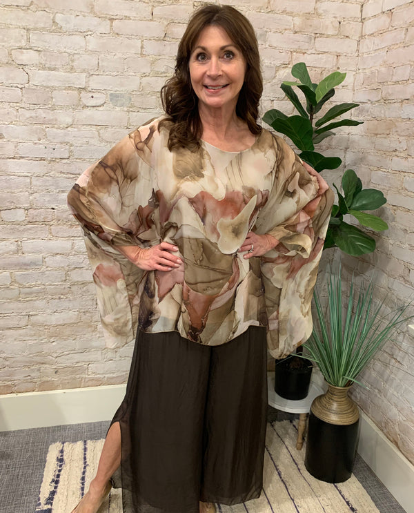 MADE IN ITALY SILK PRINT TOP BROWN COMBO