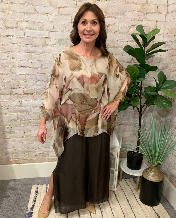 MADE IN ITALY SILK PRINT TOP BROWN COMBO