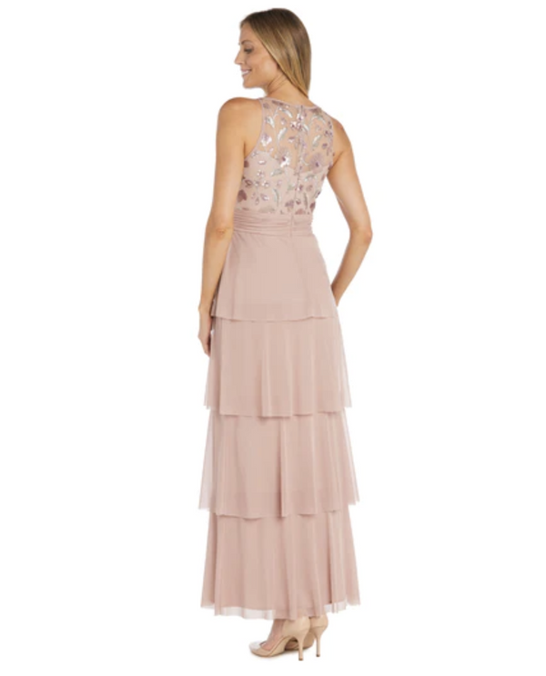 RM RICHARDS 1892 SEQUIN BODICE TIERED SKIRT LONG SLEEVELESS GOWN MAUVE
