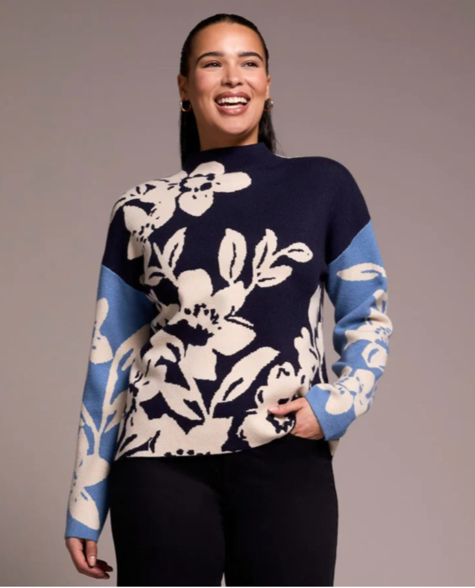 Tribal U Neck Jacquard Sweater 3/4 Sleeve