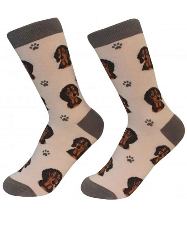 800-14 Black Dachshund Dog Socks tan cotton socks for women with Dachshund faces printed