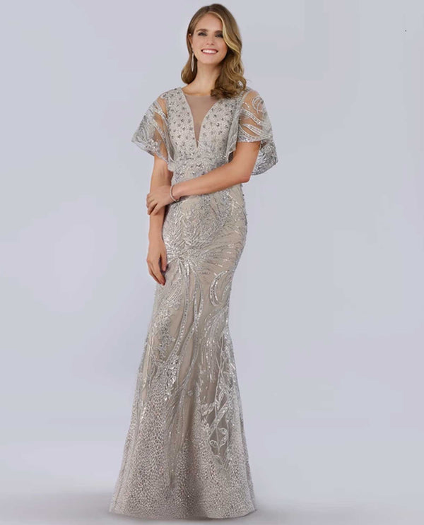 Lara 29756 Butterfly Sleeve Gown silver gown with butterfly sleeves and rhinestone beading