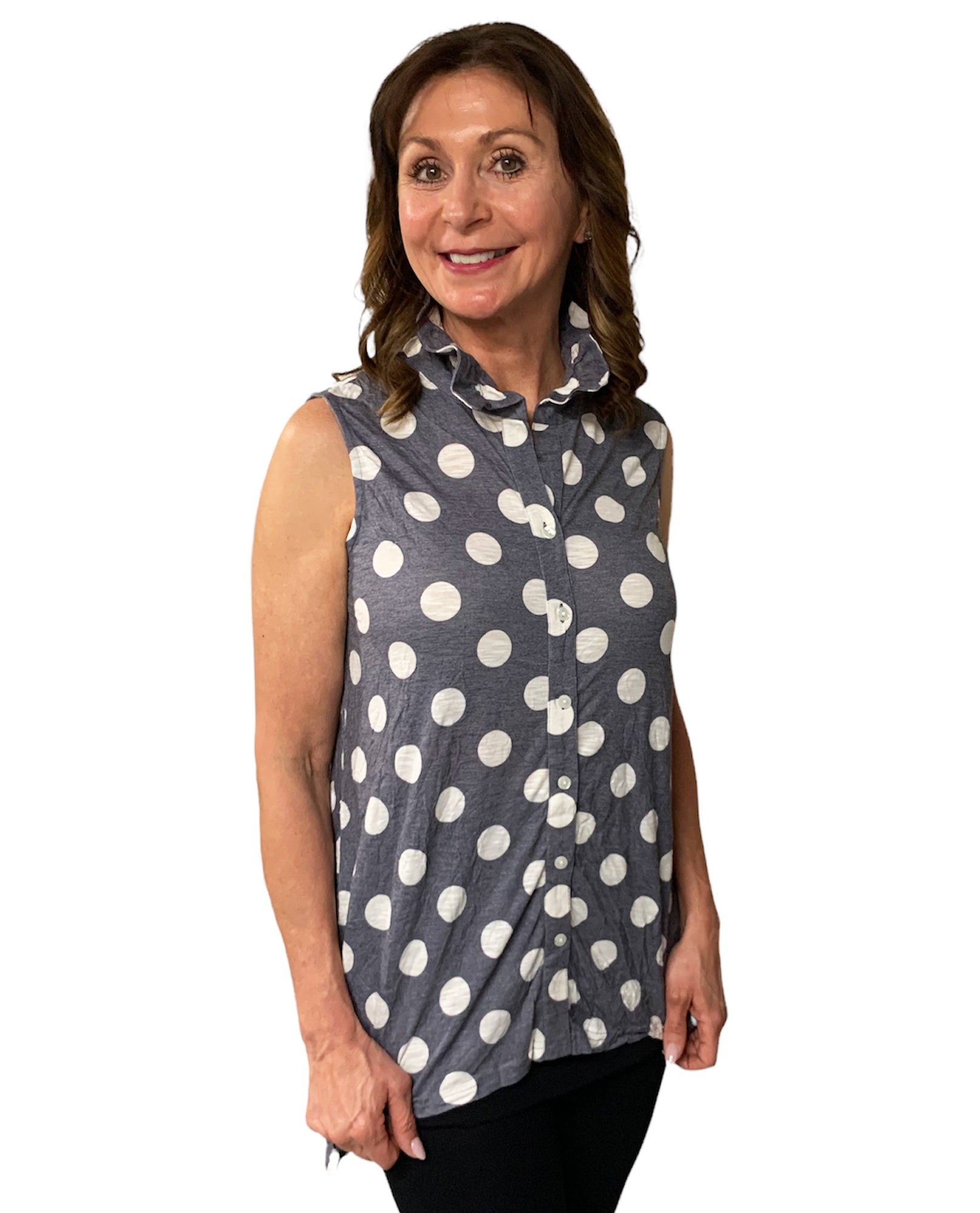 Wire Collar Sleeveless Top T6133 | Hi-Low Print Sleeveless Button Up