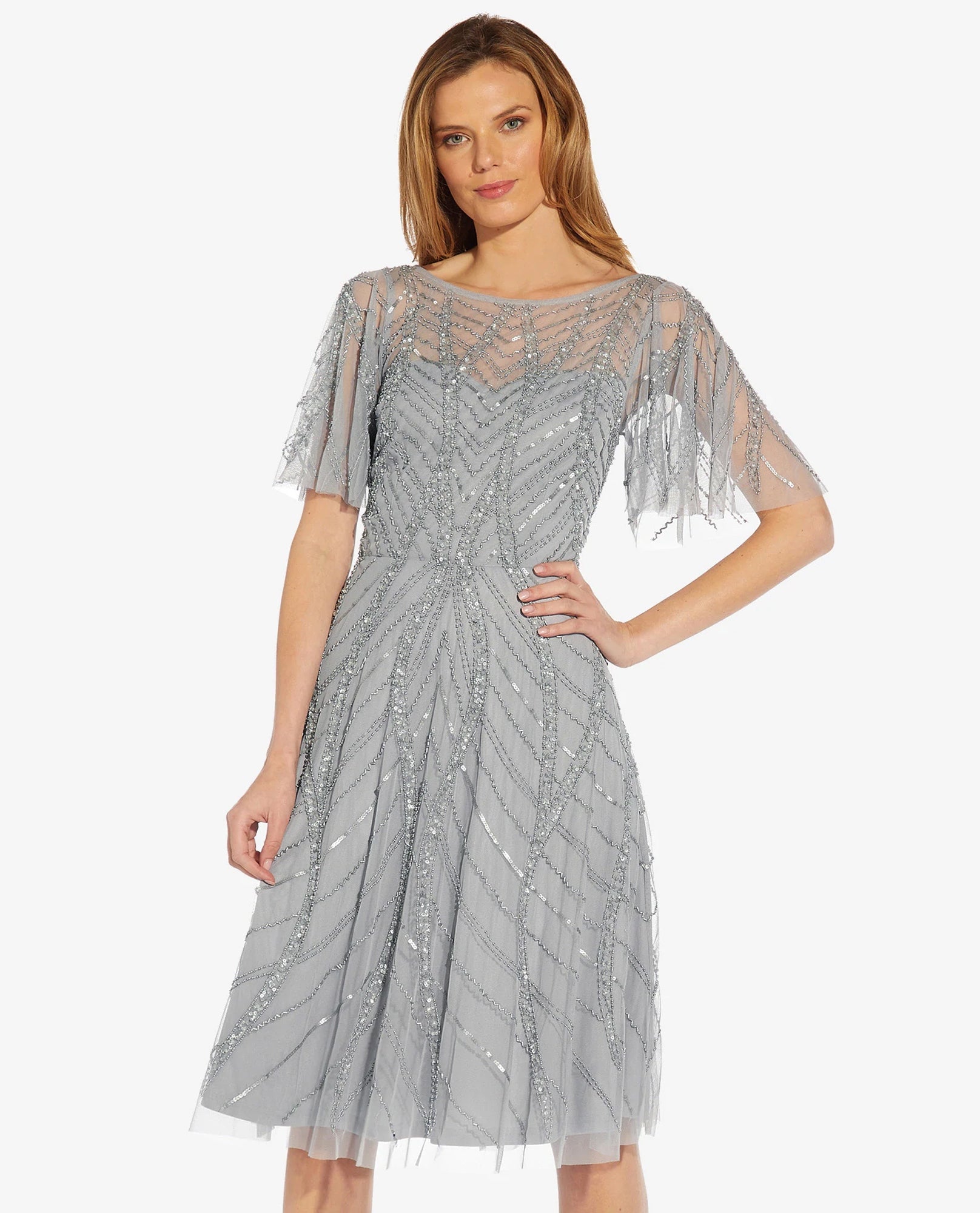 Adrianna Papell AP1E209350 Beaded V Back Flutter Sleeve