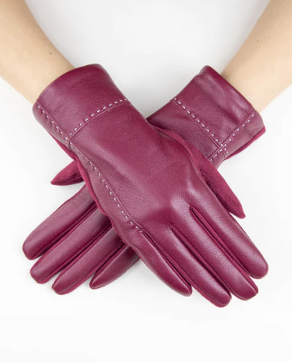 Faux Leather Cross Stitch Glove GL12334 Burgundy
