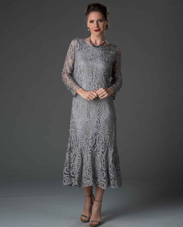 Soulmates D1423 Tea Length Lace Dress pewter mother of the bride dress with matching jacket