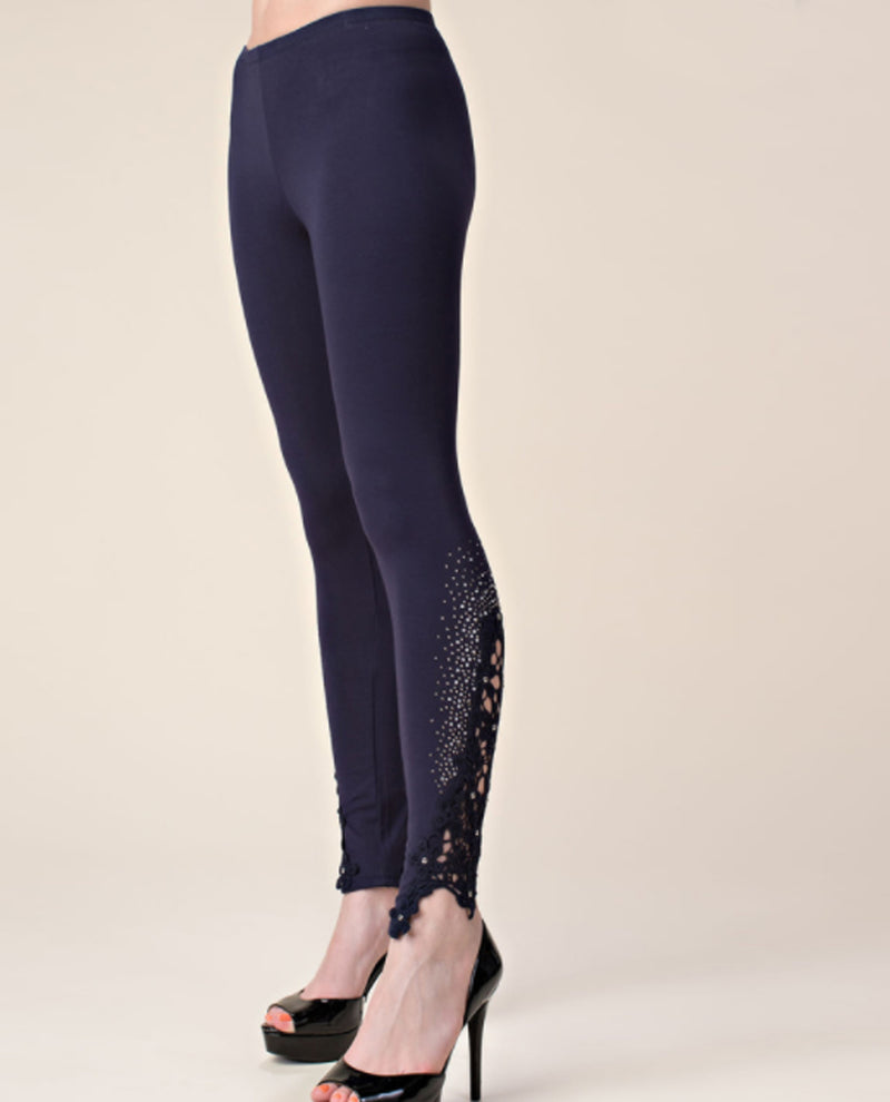 Vocal IM0830P Lace and Stone Trim Leggings Navy