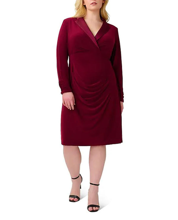 ADRIANNA PAPELL WOMENS AP1D104824 SATIN COLLAR DRESS RED WINE