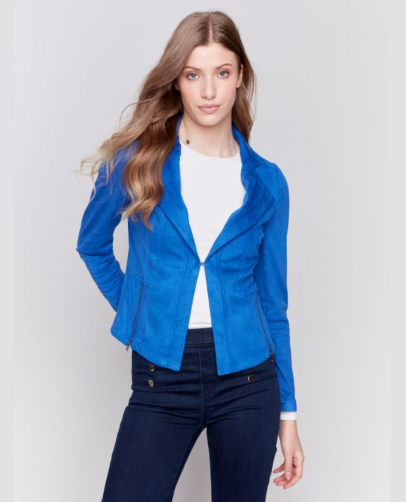 CHARLIE B C6339/998B SUEDE JACKET WITH COLLAR SAPPHIRE