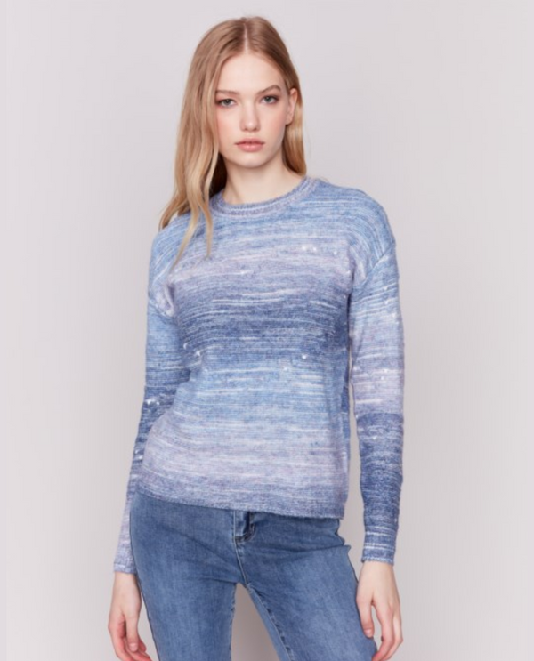 CHARLIE B C2765/103C SPACE DYE CABLE KNIT SWEATER BLUE