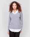 CHARLIE B 2568R/464A KNIT POPLIN SWEATER WITH SHIRT COLLAR GREY