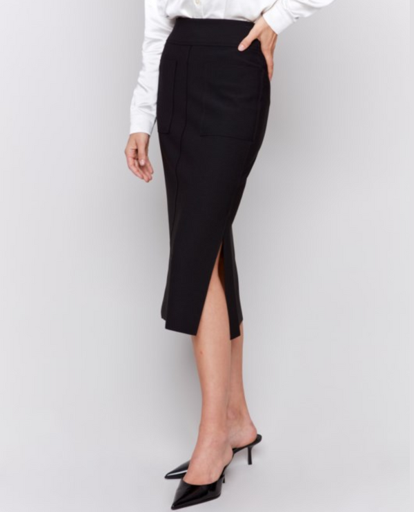 CHARLIE B C7076/049C MIDI SKIRT WITH SLIT & POCKETS BLACK