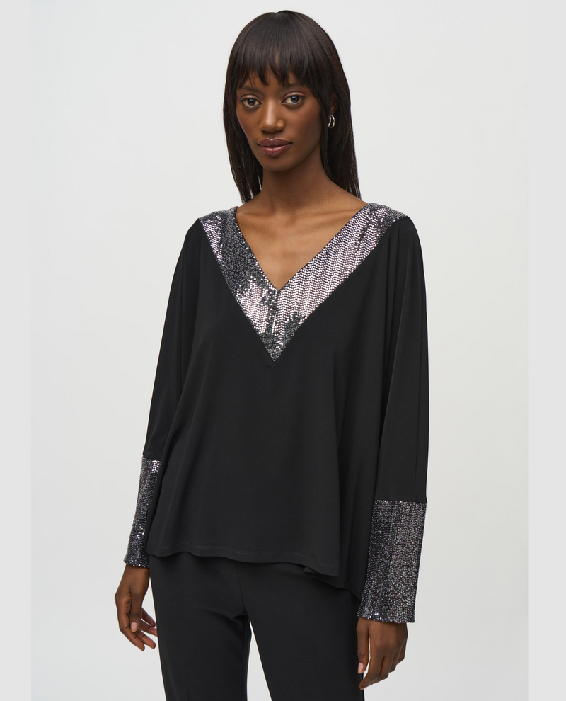 JOSEPH RIBKOFF 244200 SEQUIN LONG SLEEVE TOP BLACK/SILVER