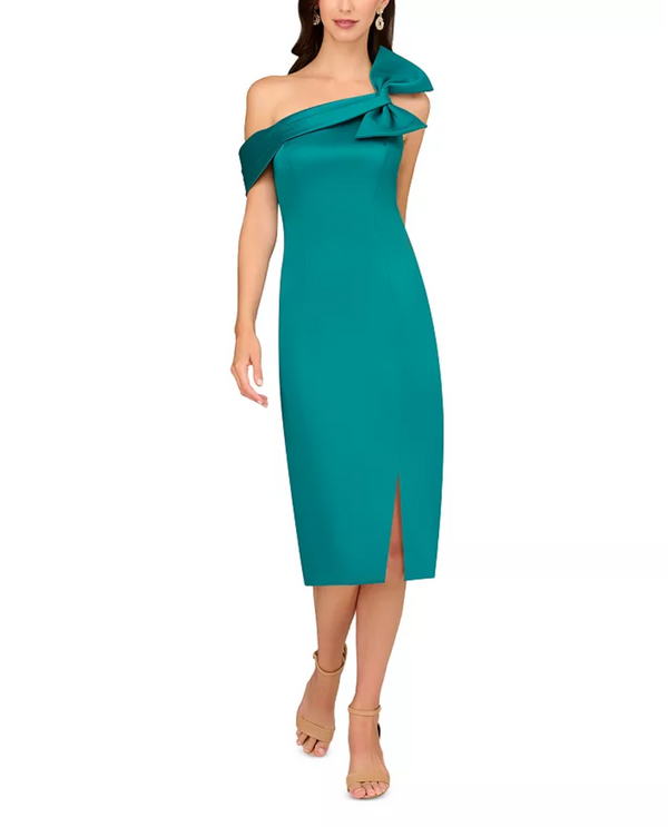 AIDAN MATTOX MD1E208348 ONE SHOULDER BOW MIDI DRESS DEEP EMERALD