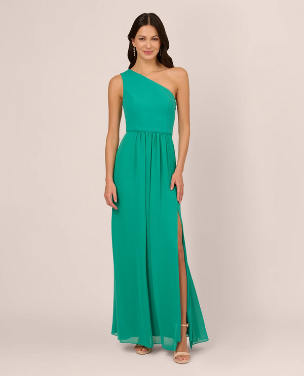 ADRIANNA PAPELL AP1E209149 ONE SHOULDER CHIFFON LONG DRESS BOTANICAL GREEN