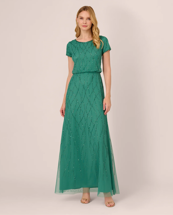 ADRIANNA PAPELL AP1E207607 SHORT SLEEVE BEADED GOWN JUNGLE GREEN