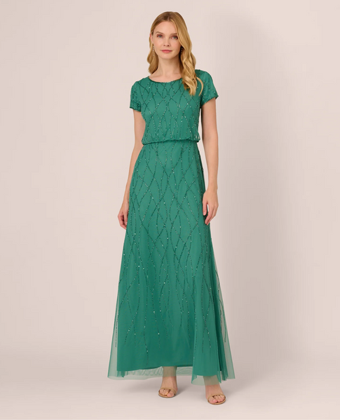 Short sleeve beaded blouson gown adrianna papell hotsell