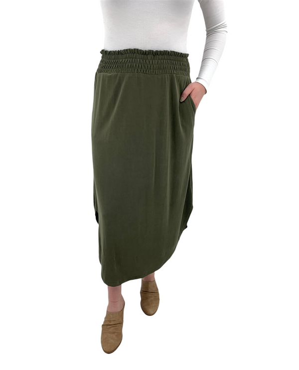 MYSTREE 19328 SMOCKED SHIRTTAIL SKIRT olive