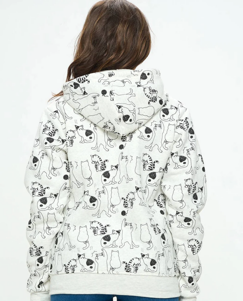 ZH-103 DANCING CAT PRINT ZIPPED HOODIE grey