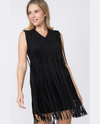 VOCAL IM2010D V NECK TIERED FRINGE  FAUX SUEDE SLEEVELESS DRESS