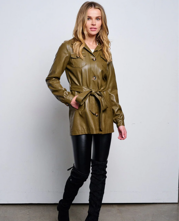 L409F1 COALITION OLIVE FAUX LEATHER JACKET