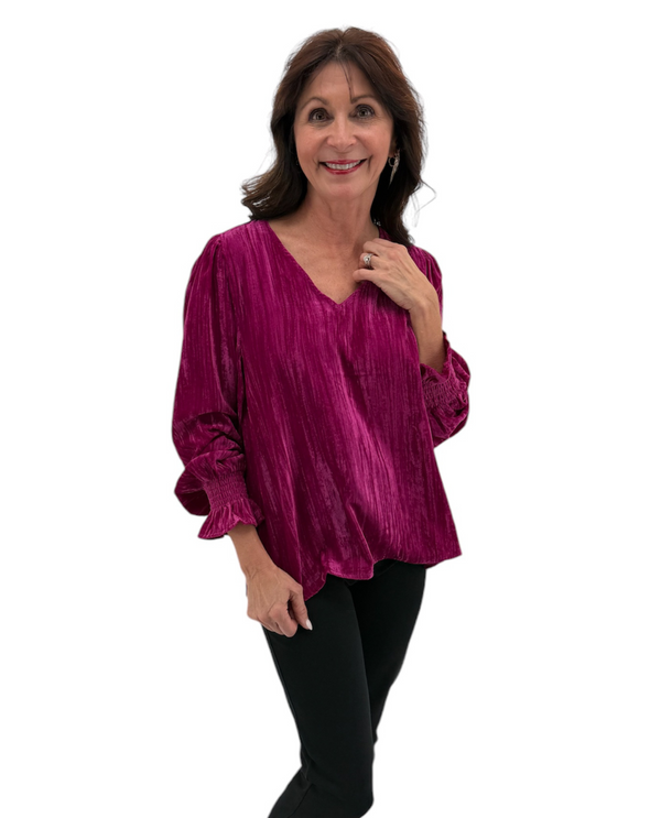 JODIFL H11449 VELVET V-NECK TOP MAGENTA