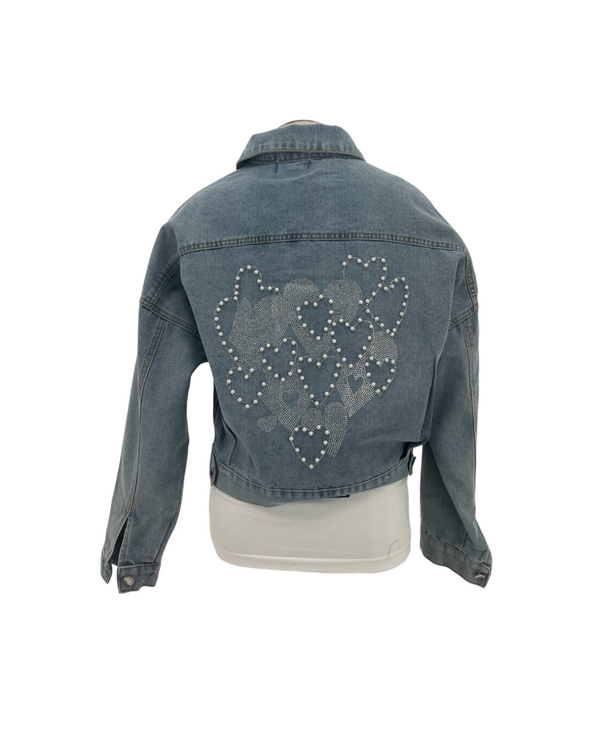 HY7197 HEART/STONES & PEARL BACK DENIM JACKET