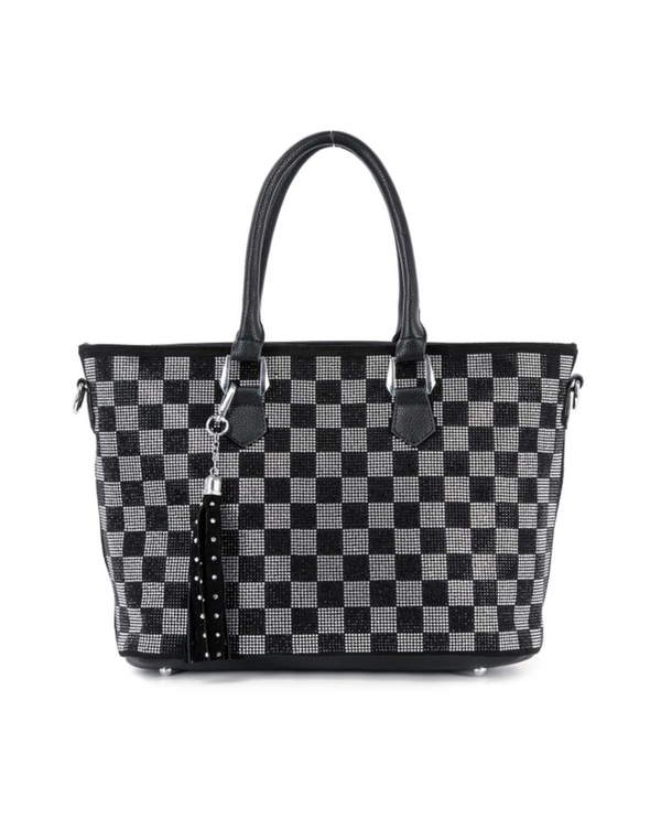 RHINESTONE BLACK & WHITE CHECKER BOARD TOTE BHD-1853 BLACK