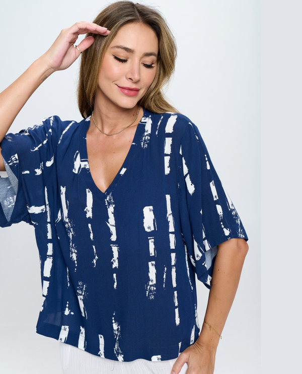 FOCUS EMBROIDERED V NECK BOXY TOP BP-104 BLUE BAMBOO