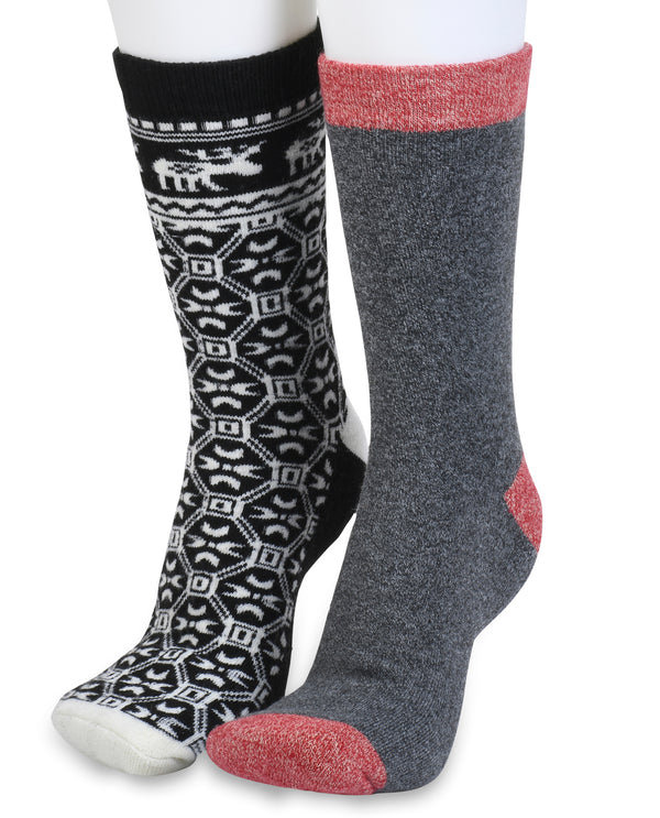 10011001 WOMENS 2 PAIRS THERMAL THIN SOCKS BLACK MOOSE/GREY SOLID