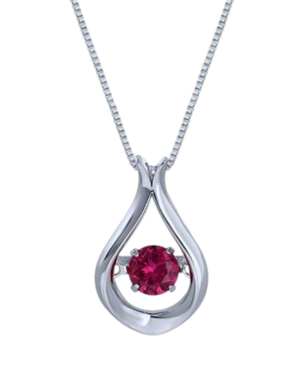 10990 STERLING CZ HEARTBEAT DANCING STONE TEARDROP PENDANT NECKLACE RUBY