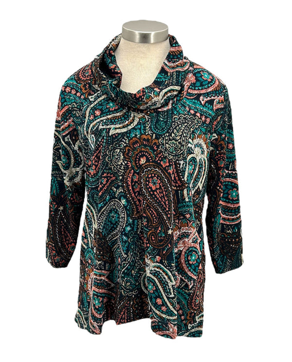 RUBY RD 13351 PETITE COWL-NECK PAISLEY 3/4 SLEEVE KNIT TOP NAVY MULTI